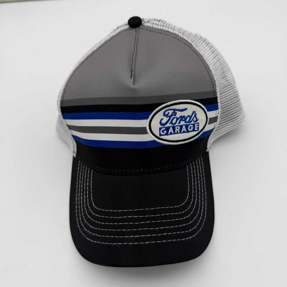 Fords Garage Trucker Hat Grey Black Blue Striped Snapback Mesh Cap Est 2012